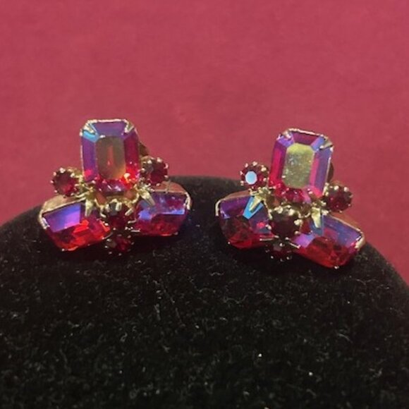 ALBERT WEISS Red AB Rhinestone Cluster EARRINGS - Picture 6 of 10